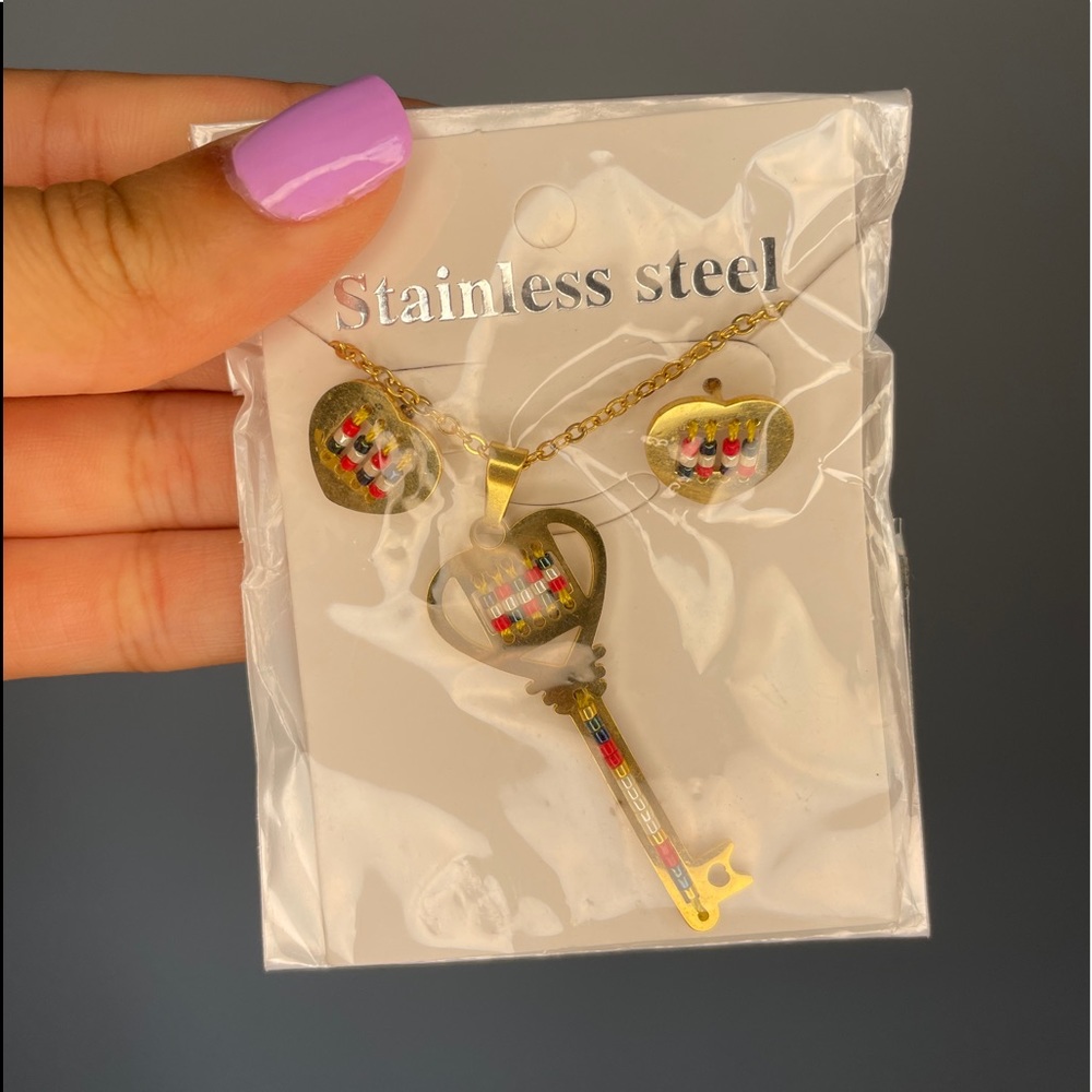 Stainless Steel Key Necklace with Heart Earrings